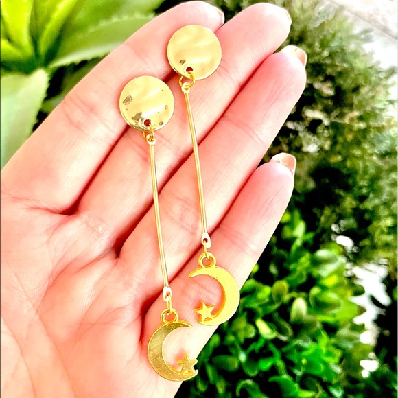 Gold Moon and Star Dangle Earrings - Picture 1 of 7